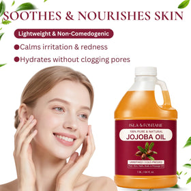 ISLA & FONTANE Jojoba Oil hair-care image shows frizz control and shine.
