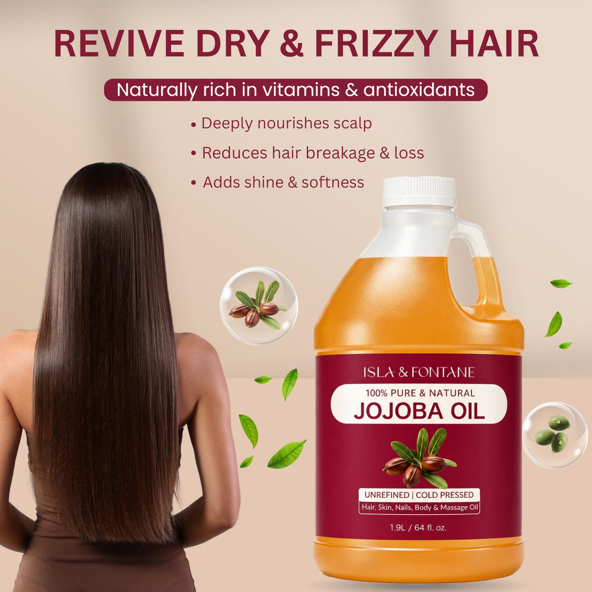 ISLA & FONTANE Jojoba Oil pour-64oz demonstrates fast absorption for face and body.