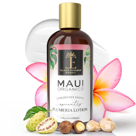 Island Essence Plumeria Lotion bottle on display for all-day moisture