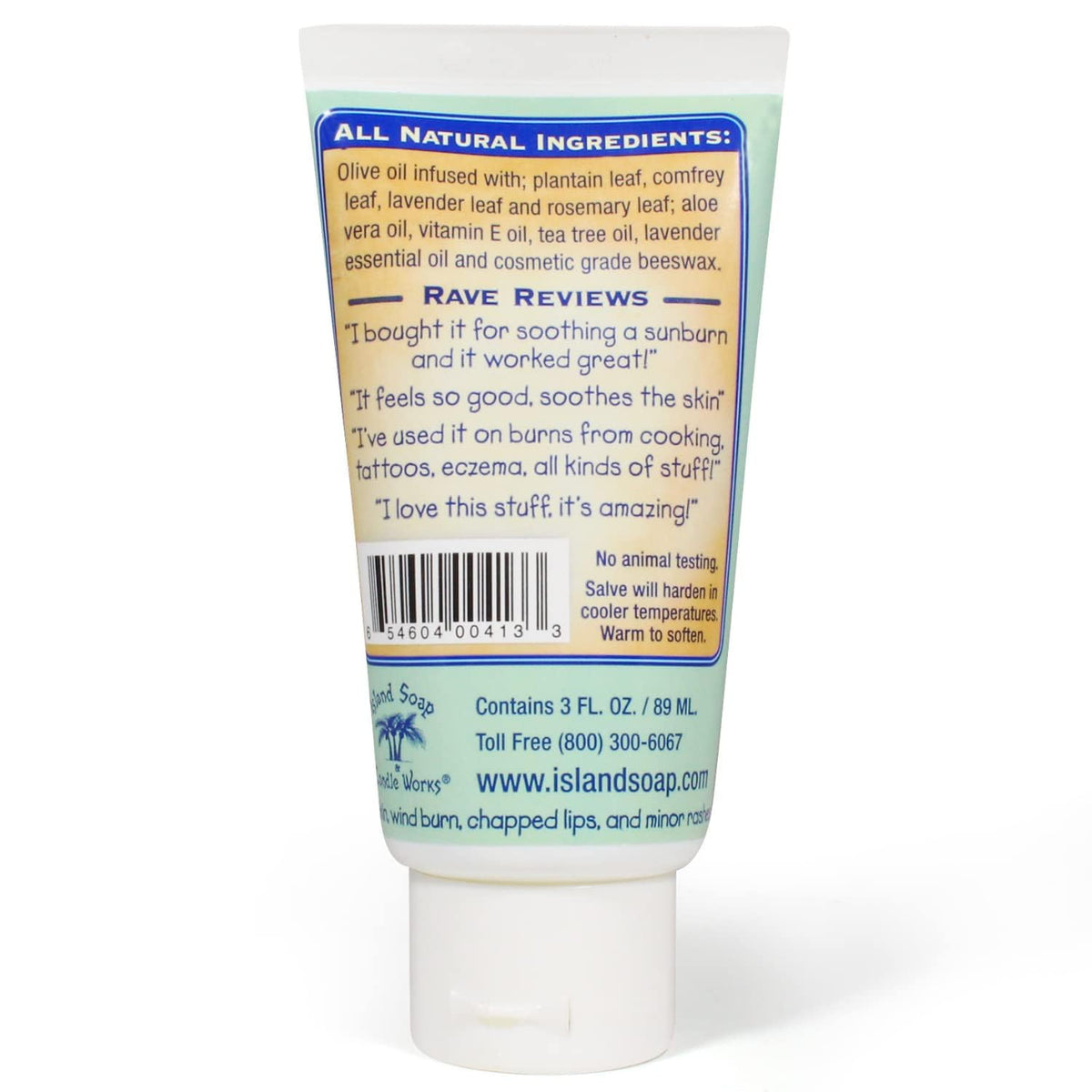 Island Soap & Candle Works Surfer's Salve packaging back shows natural ingredients