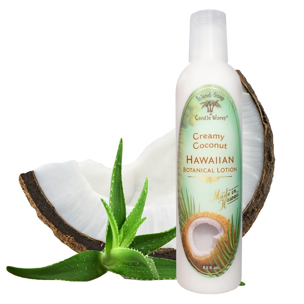 Island Soap & Candle Works coconut lotion bottle for daily moisturizing with island-inspired scent.