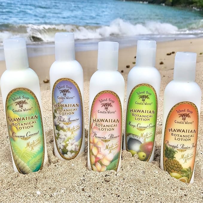 Label close-up shows paraben-free promise and Hawaiian botanicals for gentle care.
