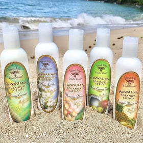Label close-up shows paraben-free promise and Hawaiian botanicals for gentle care.