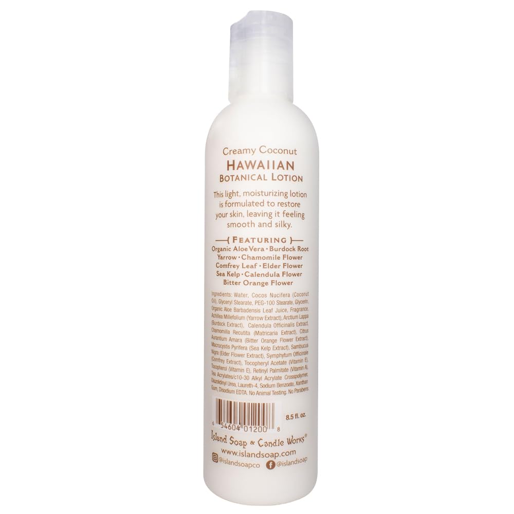 Island Soap & Candle Works coconut lotion texture close-up highlights creamy formula for fast absorption.