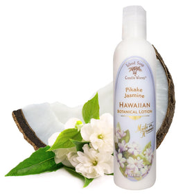 Island Soap and Candle Works Pikake Jasmine lotion bottle hydrates and nourishes skin