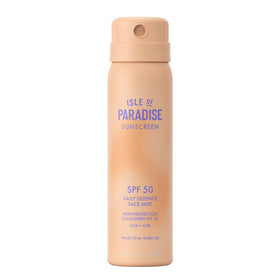 Isle of Paradise Daily Defense Face Mist SPF 50 bottle closeup showing weightless, makeup-friendly protection