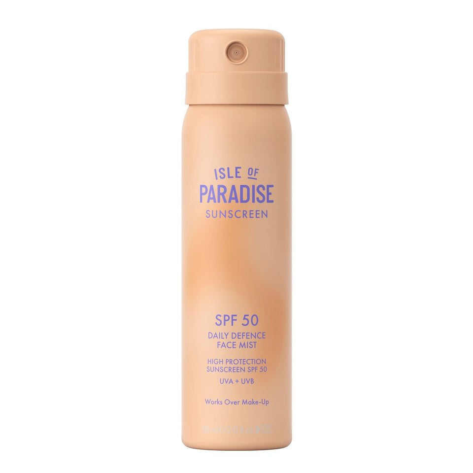 Isle of Paradise Daily Defense Face Mist SPF 50 bottle closeup showing weightless, makeup-friendly protection