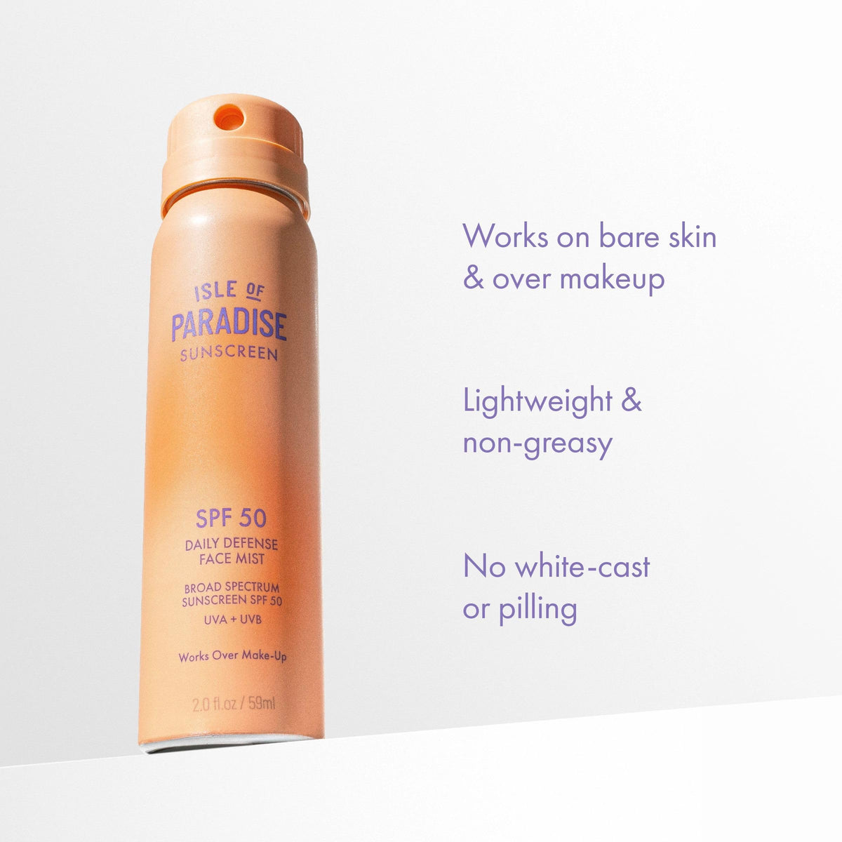 Isle of Paradise Daily Defense Face Mist SPF 50 spray application for quick refresh and even coverage