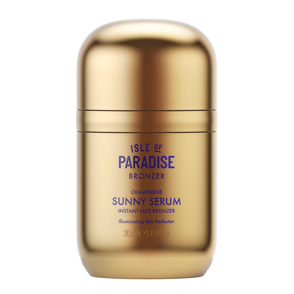 Isle of Paradise Sunny Serum Champagne bottle shows instant bronzed glow for radiant skin