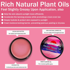 Isletan carrot oil ingredient emphasizes natural nourishment for tan-ready skin.