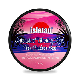 Isletan Peach Tanning Gel container close-up highlighting a natural sun-ready formula.