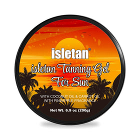 isletan pineapple tanning gel bottle ready for outdoor sun and tanning bed use, promotes natural glow