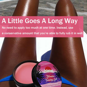 Close-up of Isletan tanning gel jar showing texture and hydration focus.
