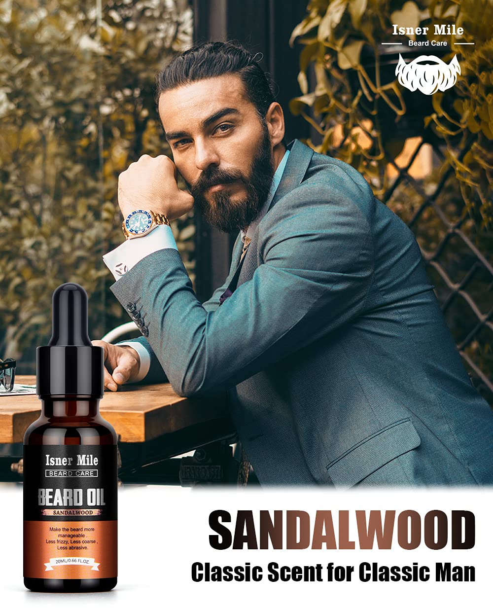 ISNER MILE beard oil kit natural ingredients graphic, jojoba, argan, grape seed shine.