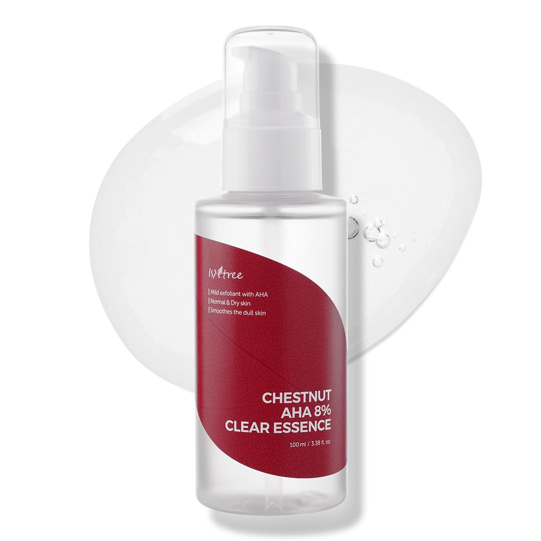 ISNTREE Chestnut AHA 8% Clear Essence bottle with precise pour for controlled application