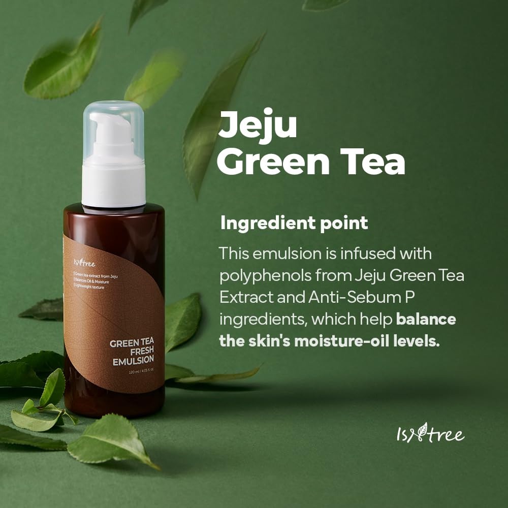 IsNtree Green Tea Fresh Emulsion texture close-up shows silky, quick-absorb moisturization
