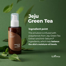 IsNtree Green Tea Fresh Emulsion texture close-up shows silky, quick-absorb moisturization