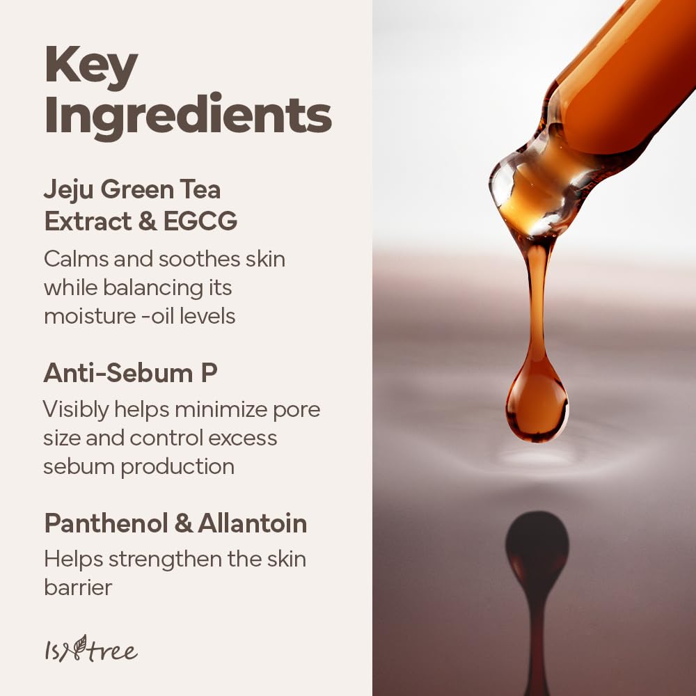 ISNTREE Ingredients label highlights EGCG, Panthenol, and Allantoin.