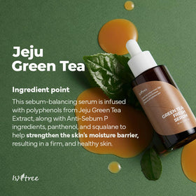 ISNTREE Jeju green tea leaves close-up signaling calming refreshment.