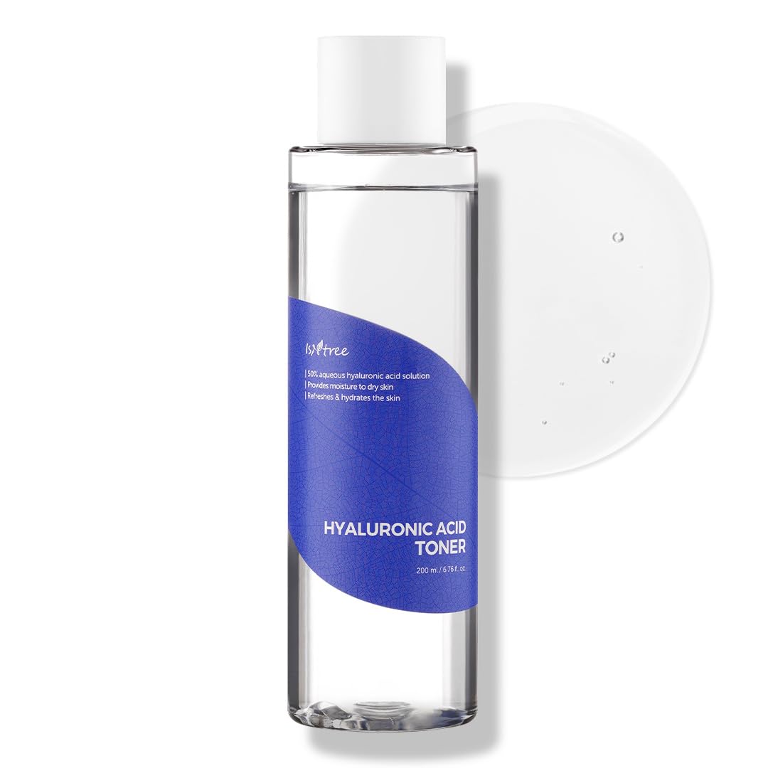 IsNtree Hyaluronic Acid Toner bottle closeup showing clear hydration benefits for dry skin