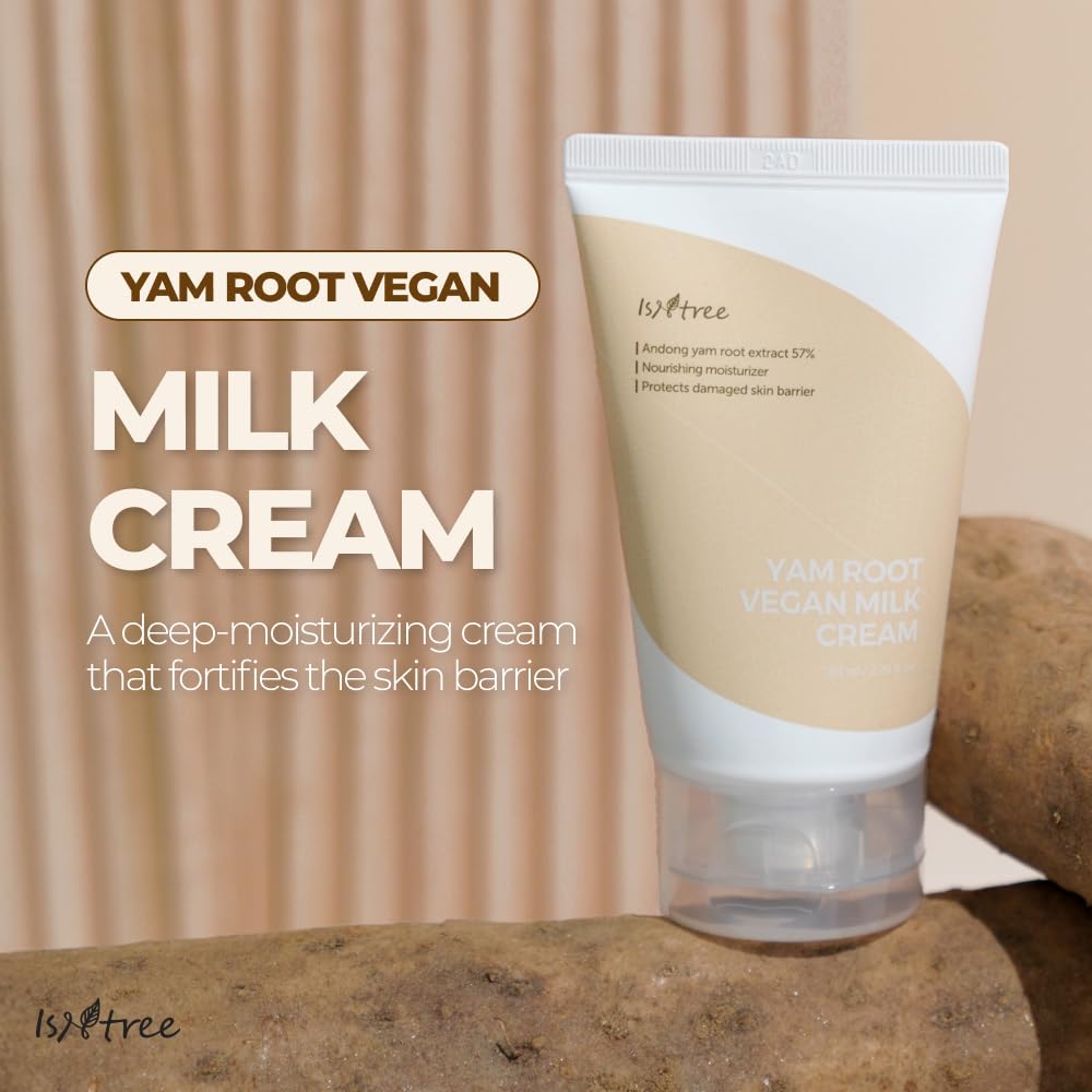 IsNtree Yam Root Vegan Milk Cream packaging closeup highlights a vegan daily care formula.