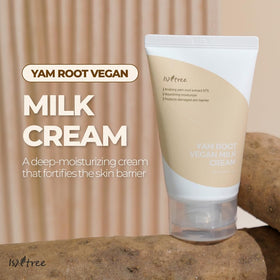 IsNtree Yam Root Vegan Milk Cream packaging closeup highlights a vegan daily care formula.