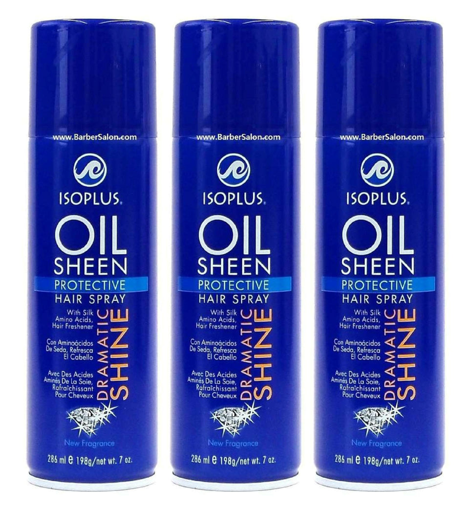 Isoplus Oil Sheen Hairspray 7 oz bottle front with a glossy finish highlight
