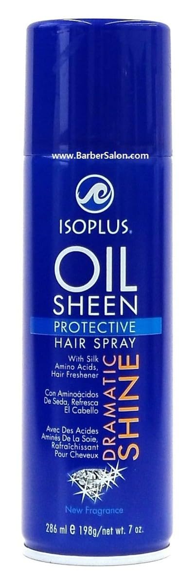 Isoplus Oil Sheen Hairspray 7 oz spray action showing fine mist