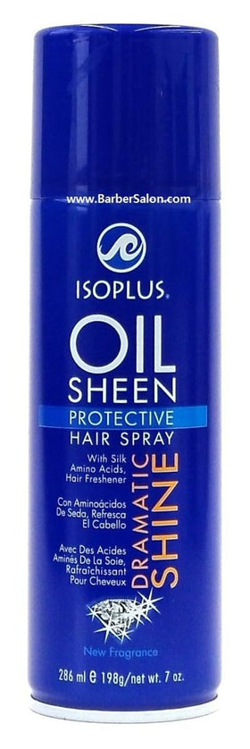 Isoplus Oil Sheen Hairspray 7 oz spray action showing fine mist