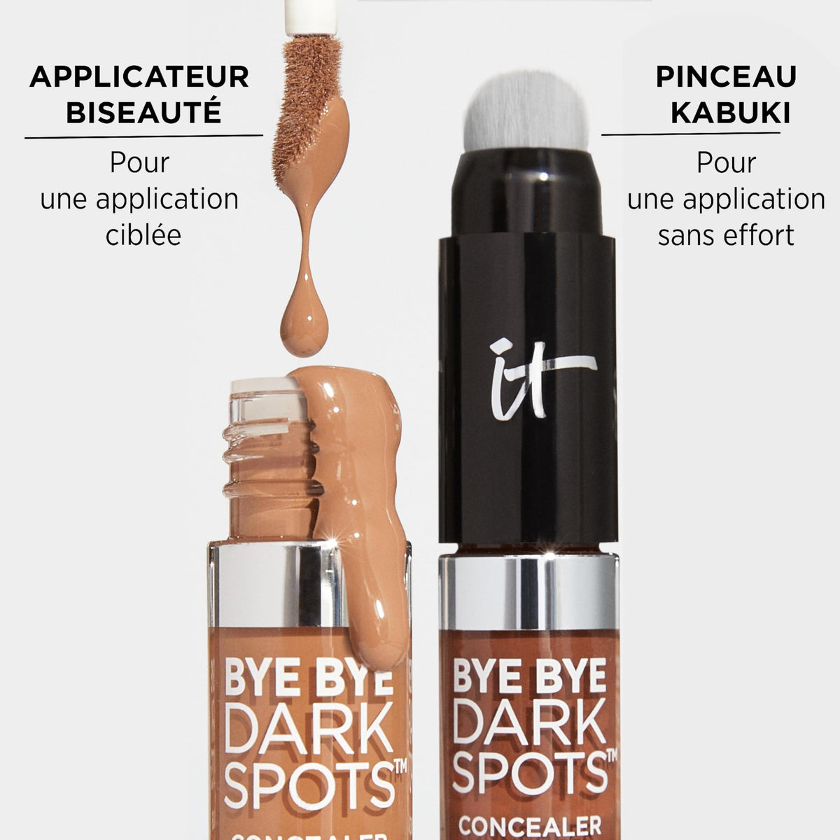 IT Cosmetics Bye Bye Dark Spots dermatologist-tested badge close-up.