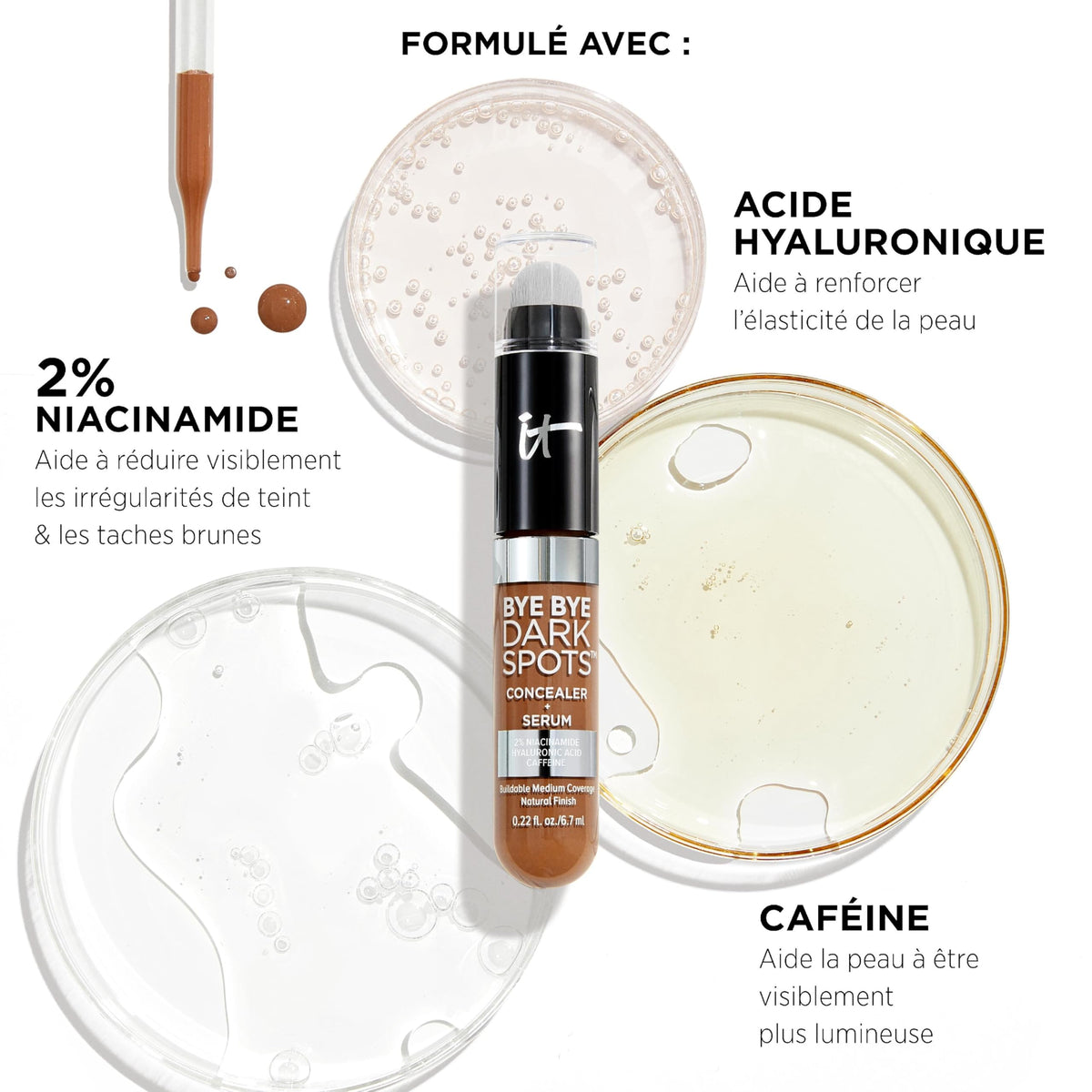 IT Cosmetics serum texture image showcasing 24-hour hydration for plump skin.