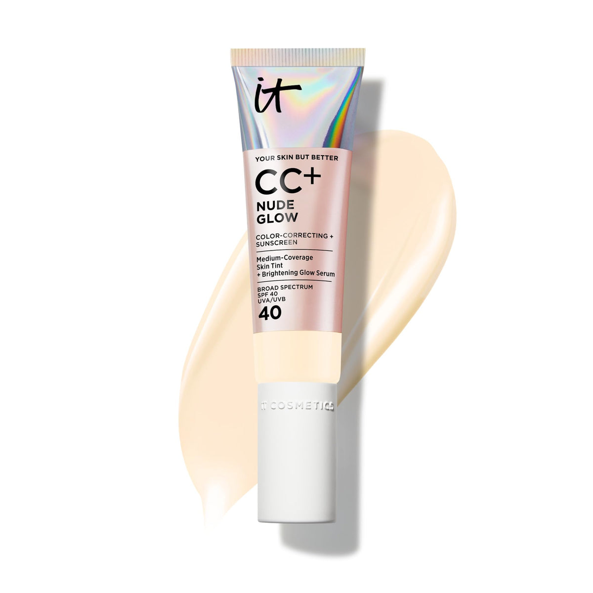 IT Cosmetics CC+ Nude Glow bottle pour showing SPF 40 protection for skin