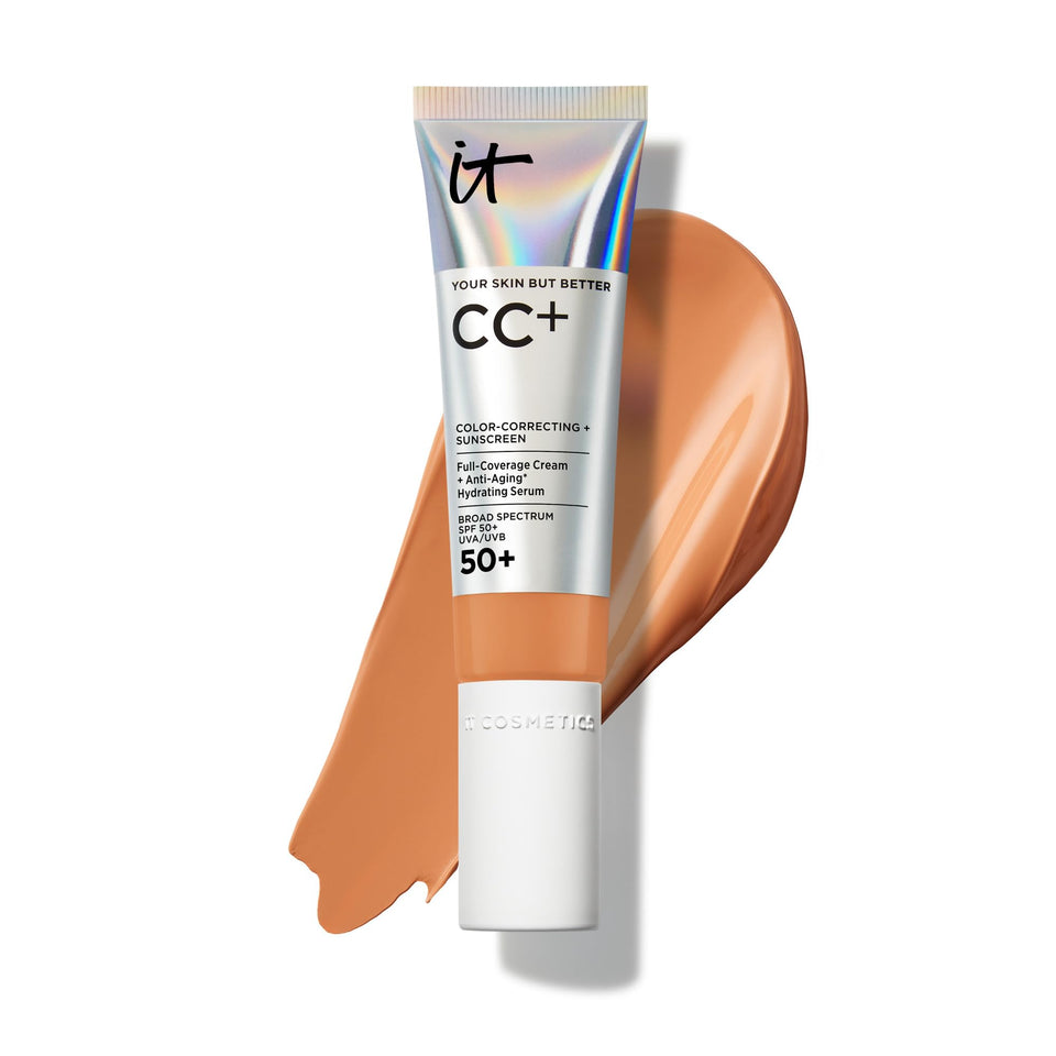 IT Cosmetics CC+ Cream Rich bottle with SPF 50+ for hydrated, even-toned skin.