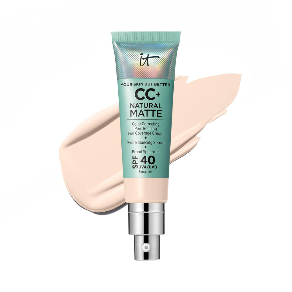 IT Cosmetics CC+ Natural Matte bottle with pump showing long-wear matte finish.