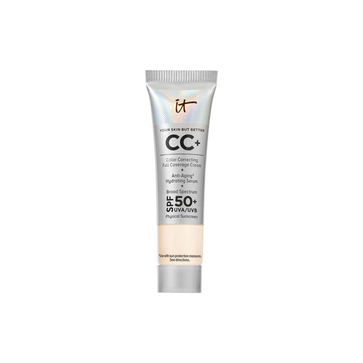 IT Cosmetics CC+ Cream Travel bottle with pump showing full coverage and SPF protection