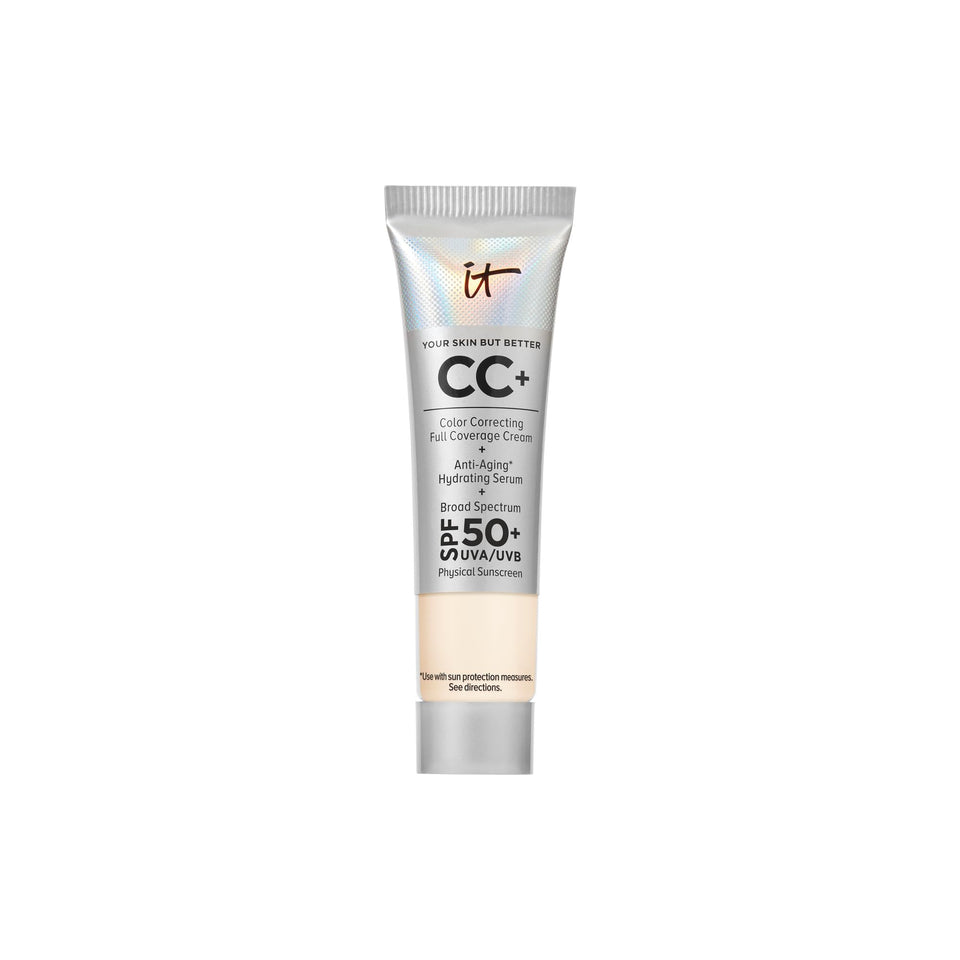 IT Cosmetics CC+ Cream Travel bottle with pump showing full coverage and SPF protection