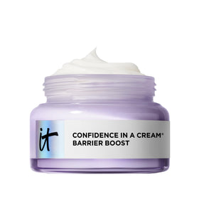 IT Cosmetics Confidence in a Cream Barrier Boost jar close-up showing hydration.
