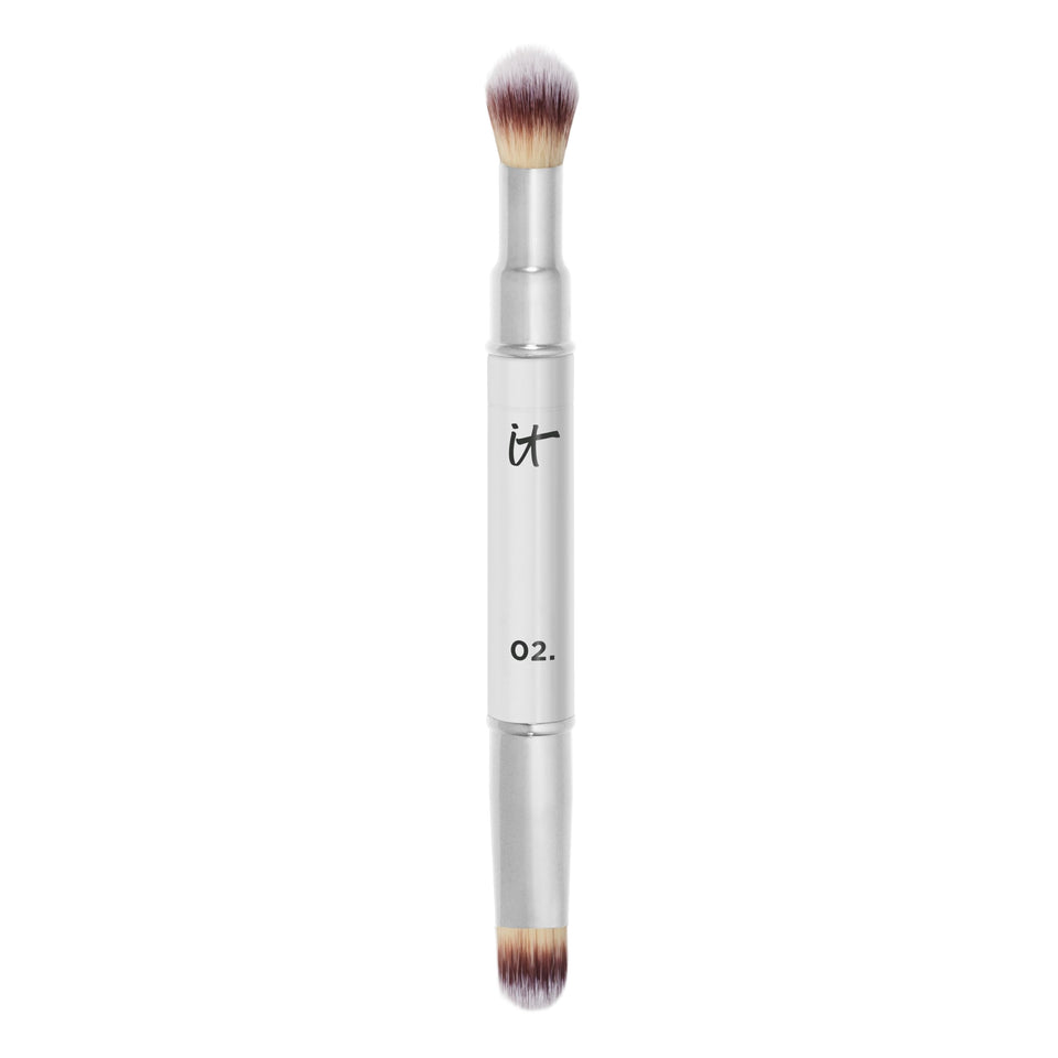 IT Cosmetics Heavenly Luxe Dual Airbrush Concealer Brush #2 flat end targets coverage for under-eye areas.
