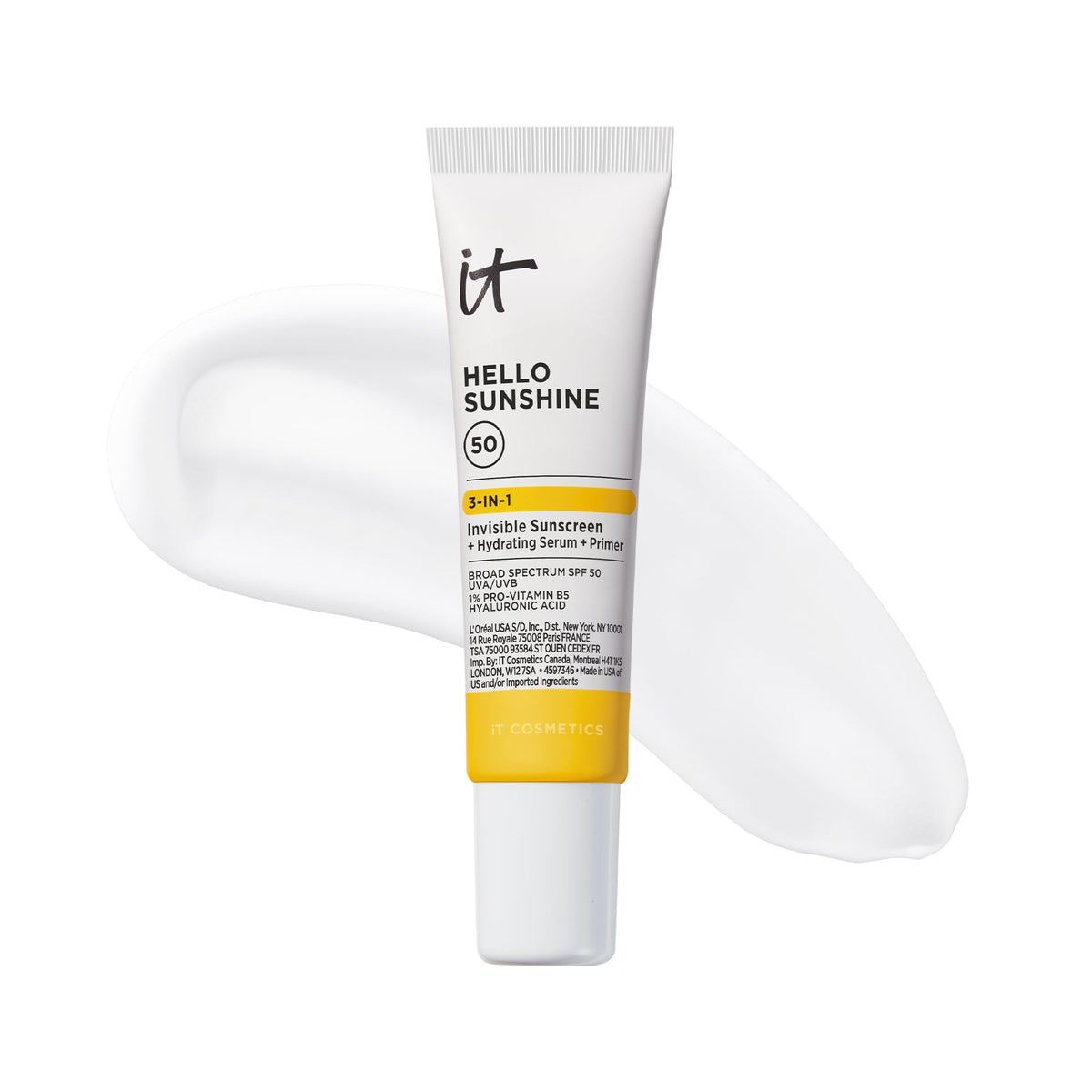 IT Cosmetics Hello Sunshine clear sunscreen bottle offering daily SPF and primer.