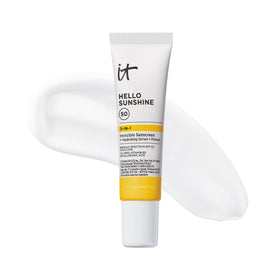 IT Cosmetics Hello Sunshine clear sunscreen bottle offering daily SPF and primer.