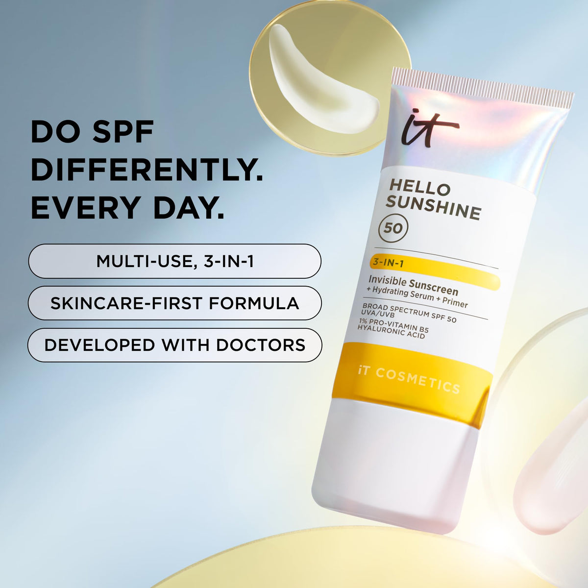 IT Cosmetics Hello Sunshine hyaluronic acid for added skin hydration.