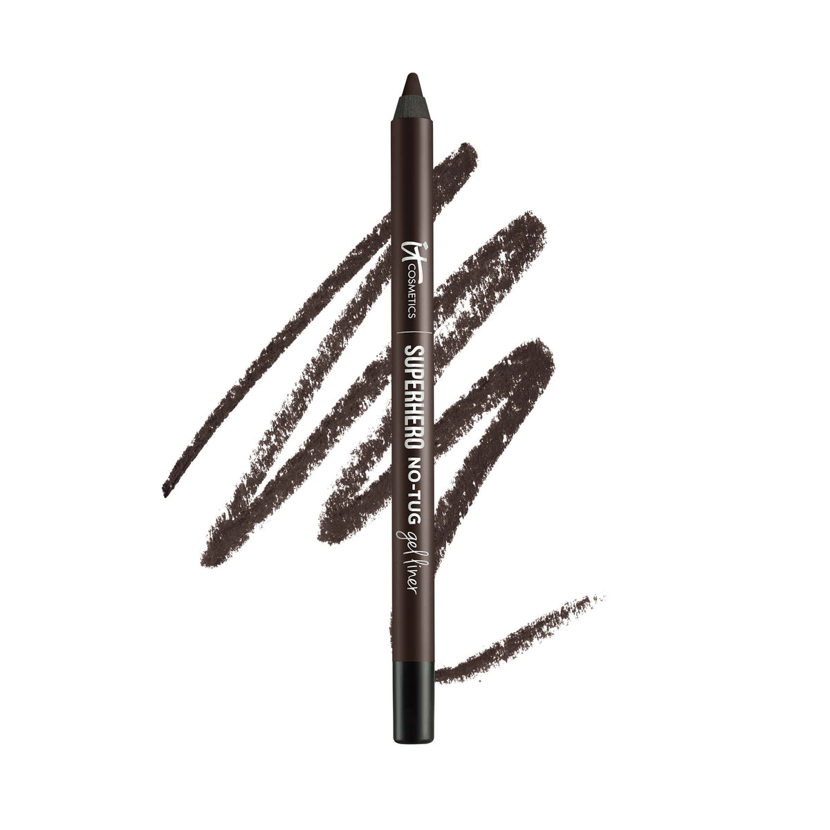 IT Cosmetics Superhero No-Tug Gel Eyeliner Espresso pencil swatch for precise lines.