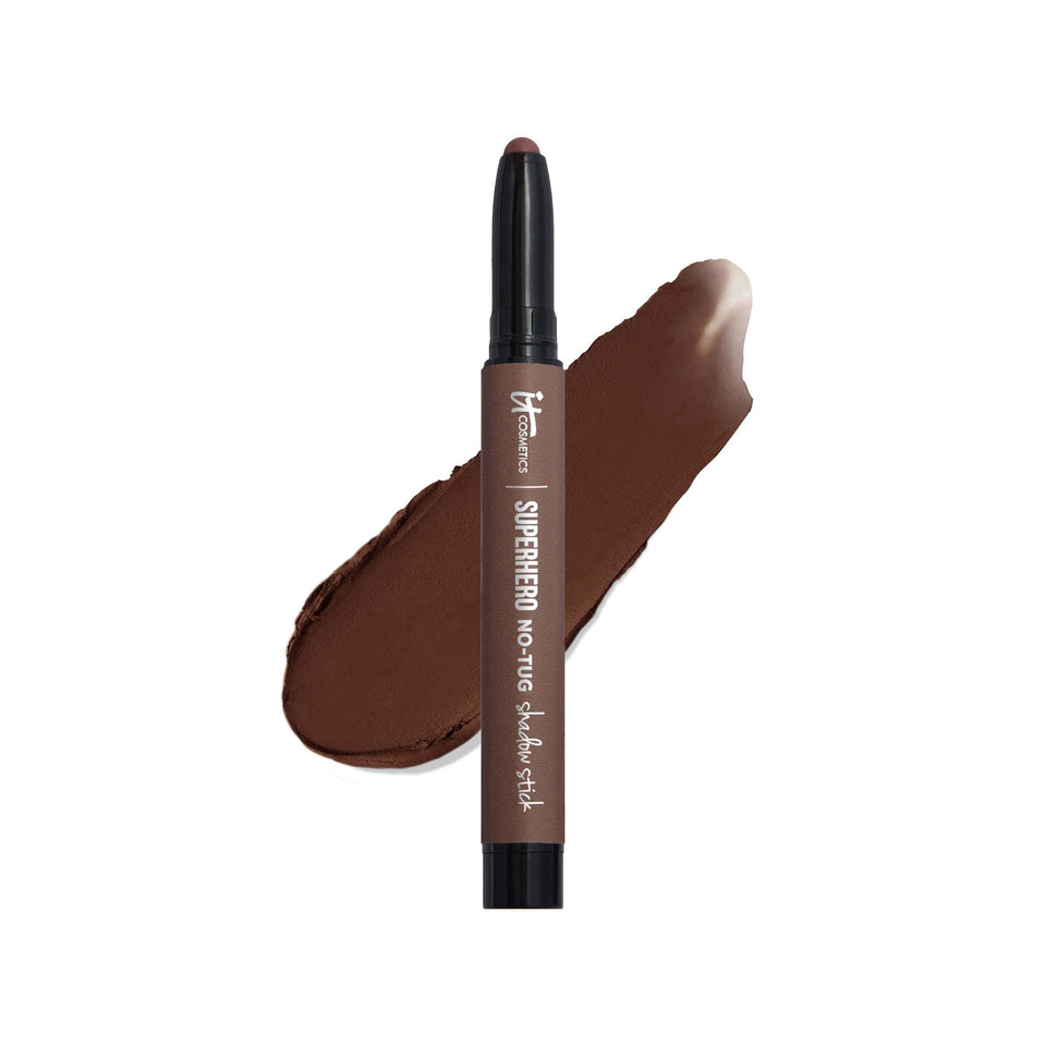 IT Cosmetics Superhero No-Tug Shadow Stick Fearless Umber for all-day color.
