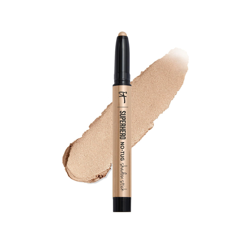 IT Cosmetics Superhero No-Tug Waterproof Eyeshadow Stick application close-up shows bold color payoff