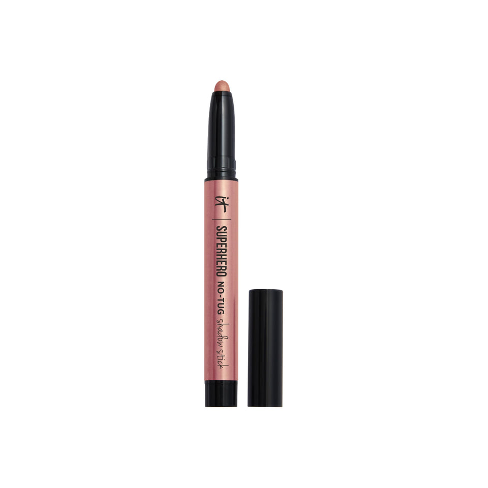 IT Cosmetics Superhero No-Tug Waterproof Shadow Stick in Glimmering Rose shows rose-gold pearl shade with lasting color.