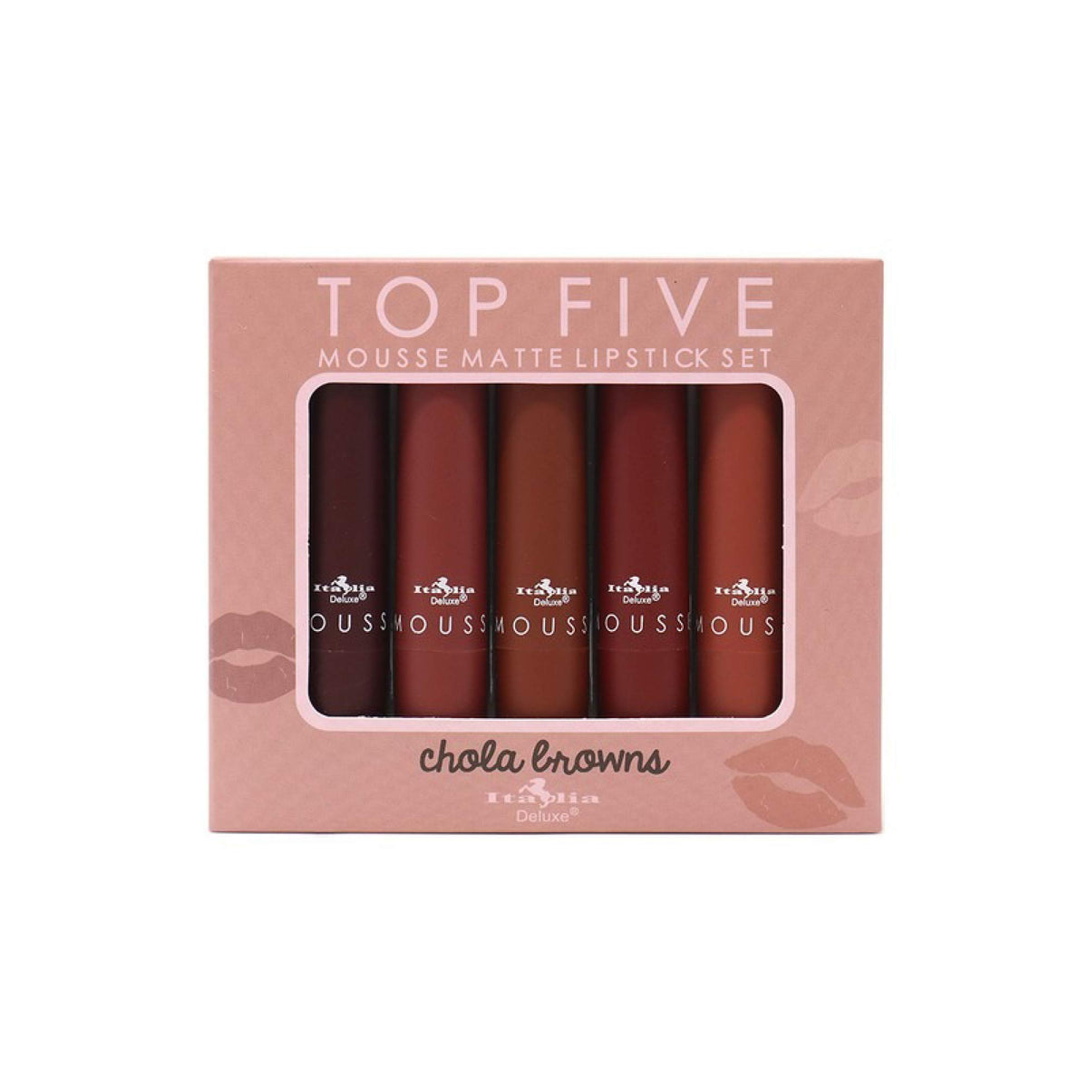 Italia Deluxe Top Five Mousse Matte Lipstick Set pack shot showing all five browns for versatile looks