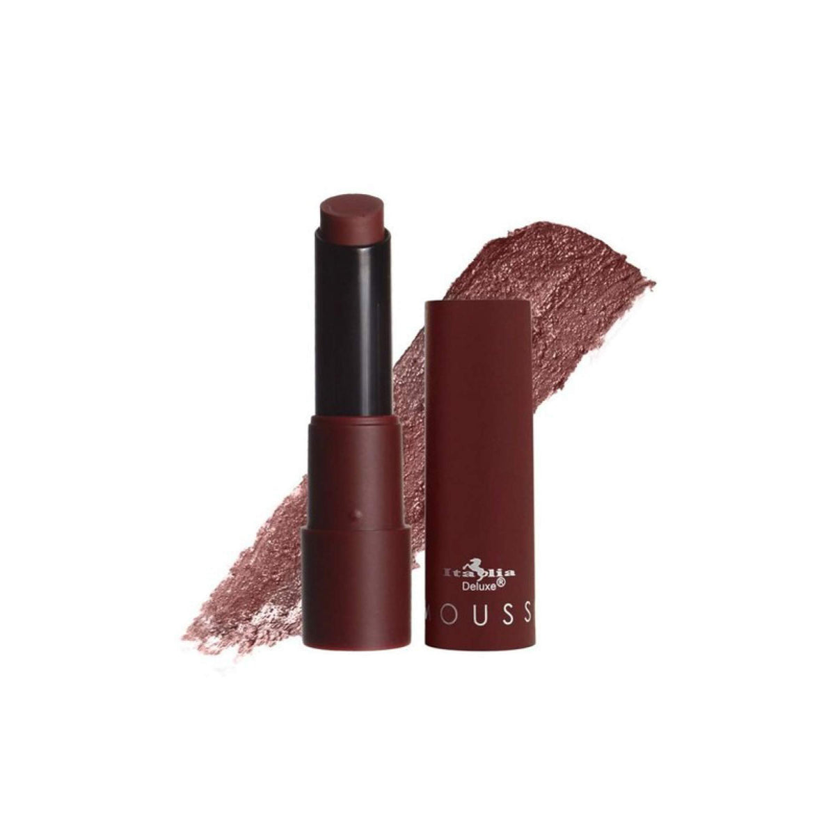 Italia Deluxe Top Five Mousse Matte Lipstick Set swatches in 25-Maroon for dramatic evening vibes