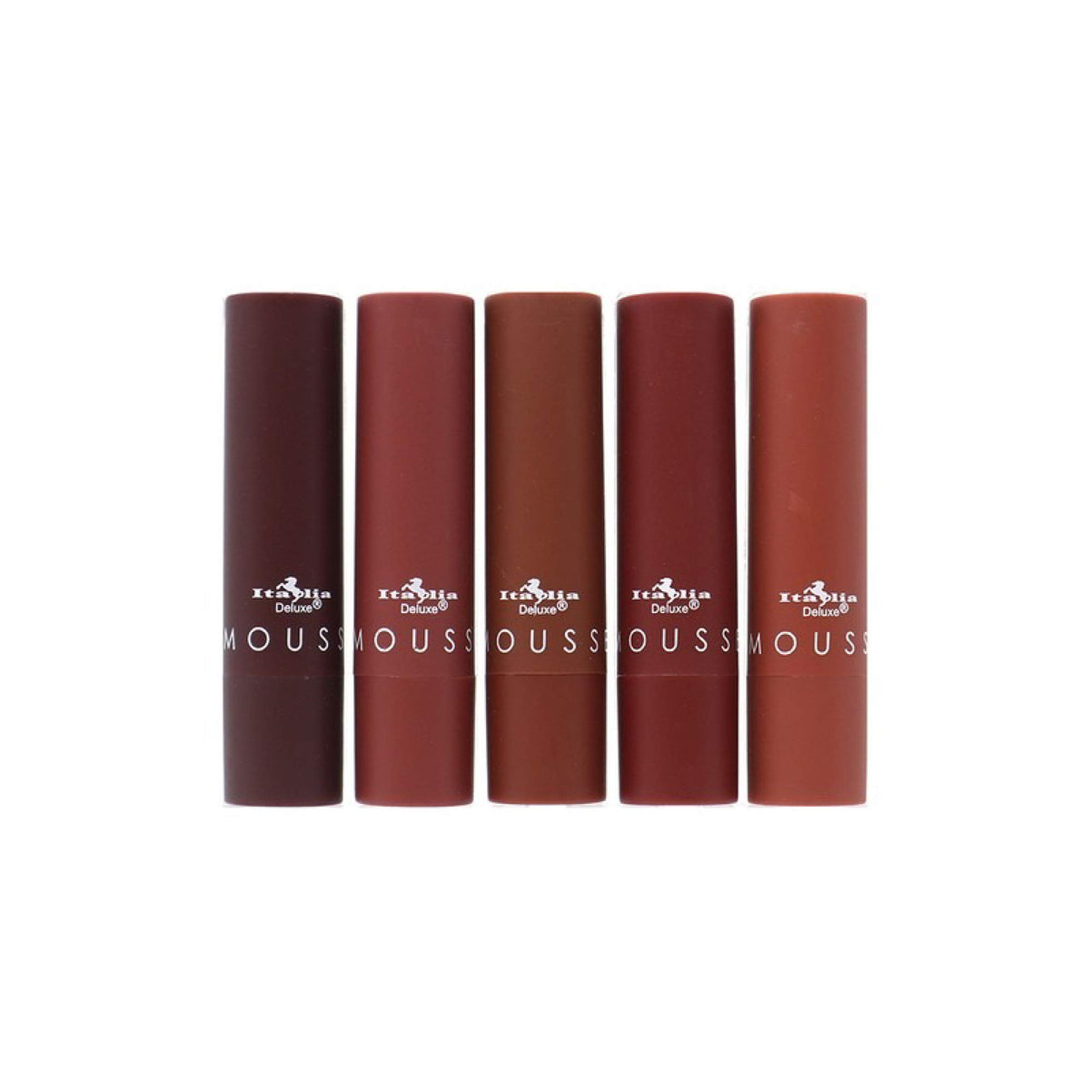 Italia Deluxe Top Five Mousse Matte Lipstick Set swatches in 29-Fudge Pop for creamy, comfortable wear