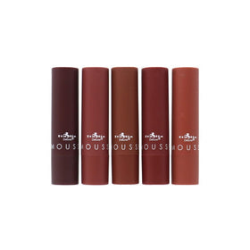 Italia Deluxe Top Five Mousse Matte Lipstick Set swatches in 29-Fudge Pop for creamy, comfortable wear