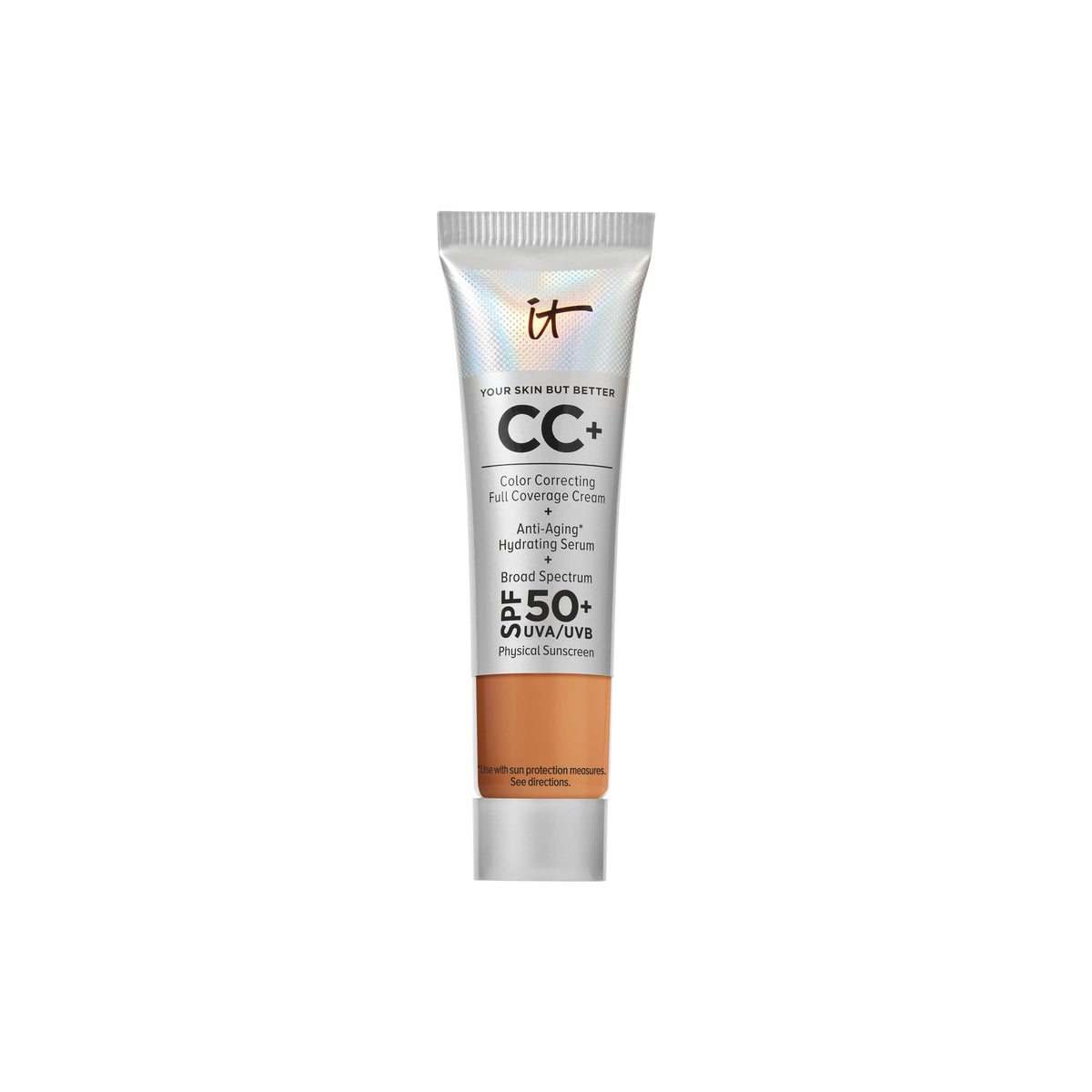 IT Cosmetics CC+ Cream Travel Tan bottle front shows natural finish foundation